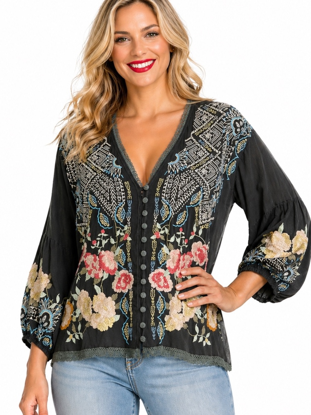 Johnny Was extremely heavily embroidered  Castana blouse NWT